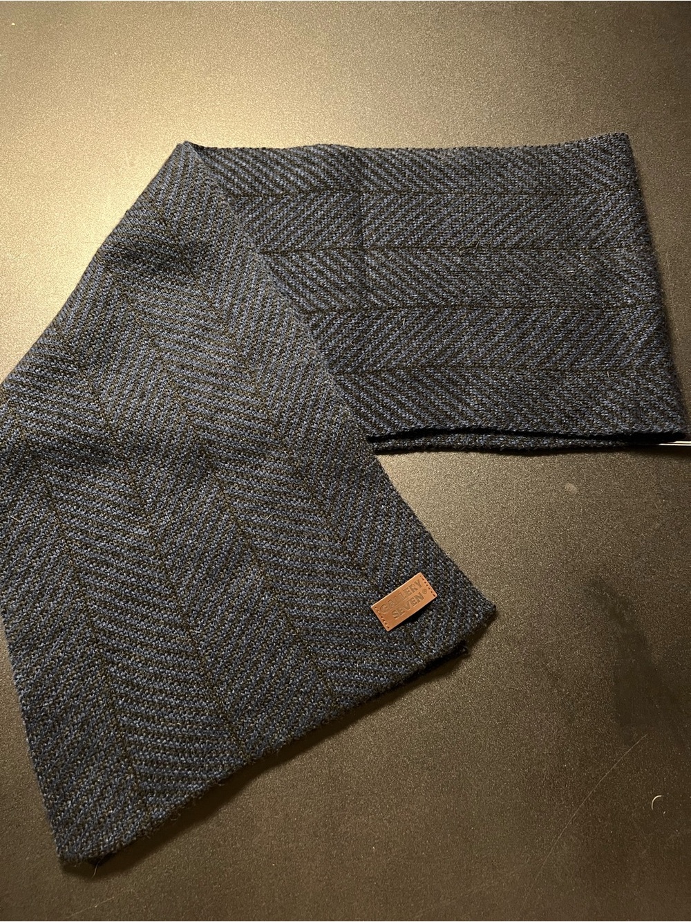 Men's Navy Herringbone Wool Blend Scarf with Leather Tag